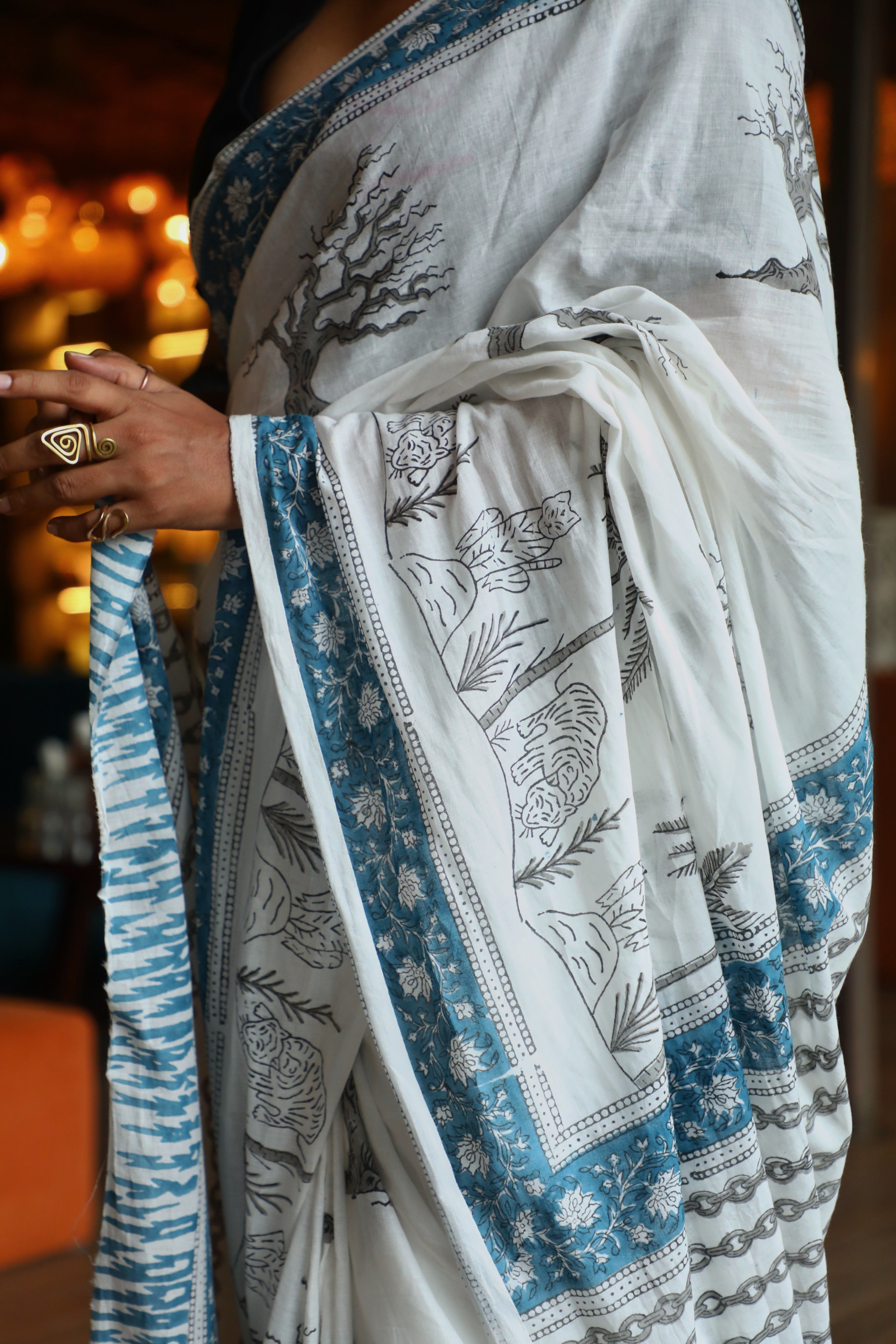 Jungle Saree - Handblock Cotton Mulmul Saree